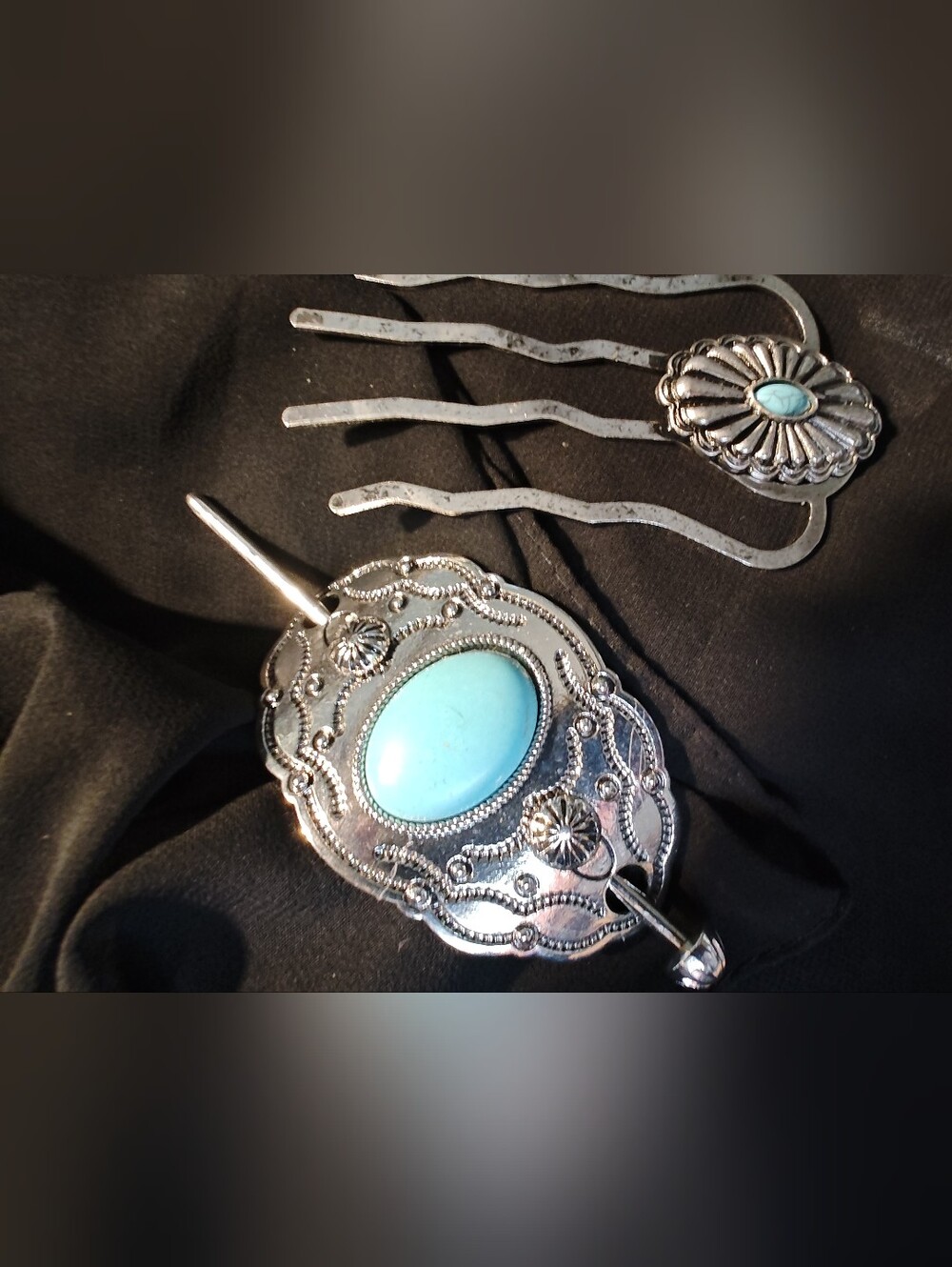 Silver-Tone Hair Fork with Turquoise Cabochon Accent